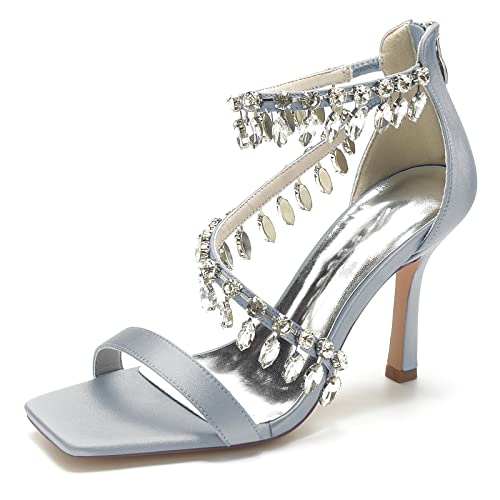 KUHAOFEU Damen-Sandalen mit eckiger offene Zehenpartie und Riemchen-Stilettoabsatz,Silber,42 EU von KUHAOFEU