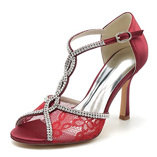 KUHAOFEU Damen Sandaletten Mit Absatz Elegant High Heels, Offene Zehen Verstellbarer Knöchelriemen Sommer Schuhe,Burgundy,37 EU von KUHAOFEU