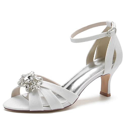 KUHAOFEU Damen Sandaletten mit Absatz Glitzer Niedrig Absatz Braut Pumps, Verstellbarer Knöchelriemen Sommer Schuhe mit Strass,Weiß,39 EU von KUHAOFEU