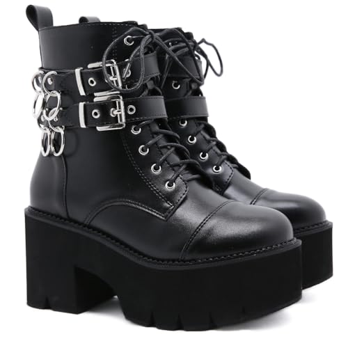 KUHAOFEU Damen Schnür Knöchel Stiefel Retro Metallkette Plateau Punk Bikerstiefel Blockabsatz Army Militär Kampfstiefel,Schwarz,38 EU von KUHAOFEU