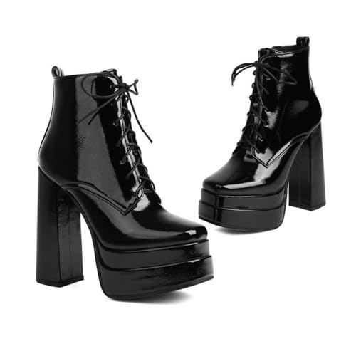 KUHAOFEU Damen Schnür Stiefeletten Plateau Kurzschaft Stiefel Quadrat Zehen Reißverschluss Punk Stiefel,Black patent Leather,36 EU von KUHAOFEU