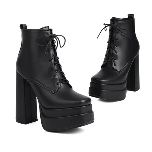 KUHAOFEU Damen Schnür Stiefeletten Plateau Kurzschaft Stiefel Quadrat Zehen Reißverschluss Punk Stiefel,Black pu,35 EU von KUHAOFEU