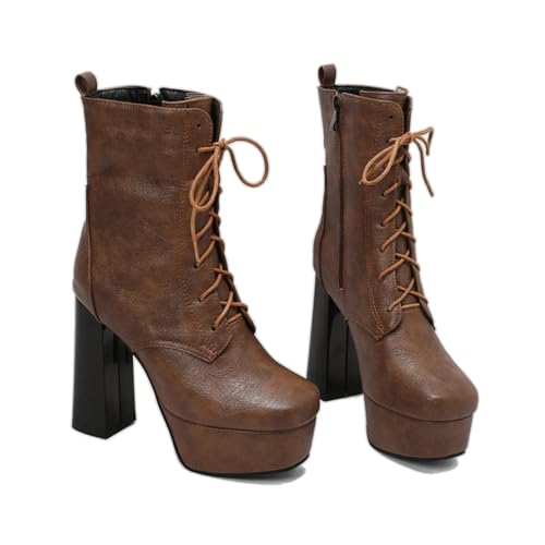 KUHAOFEU Damen Schnürung Plateau Stiefeletten Mit Blockabsatz,Braun,38 EU von KUHAOFEU