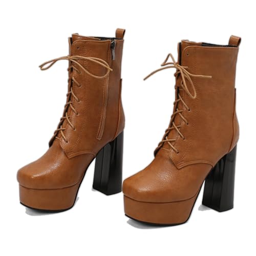 KUHAOFEU Damen Schnürung Plateau Stiefeletten Mit Blockabsatz,Gelb,39 EU von KUHAOFEU