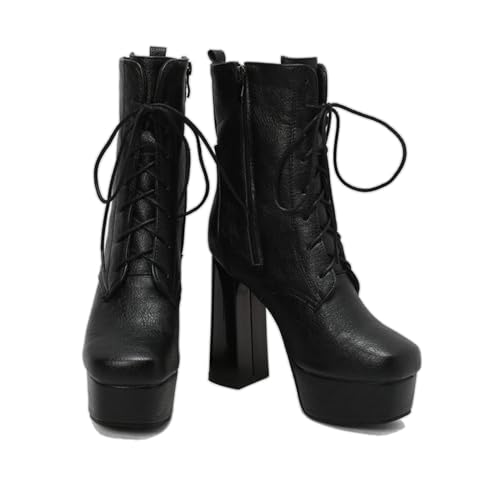 KUHAOFEU Damen Schnürung Plateau Stiefeletten Mit Blockabsatz,Schwarz,34 EU von KUHAOFEU
