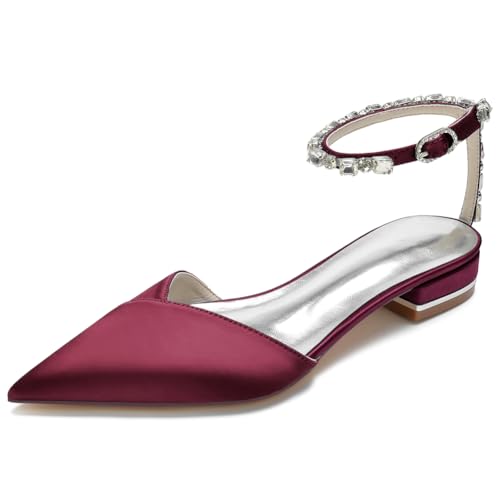 KUHAOFEU Damen Slingback Braut Sandalen Spitze Zehen Niedrige Absatz Pumps Diamant Knöchelriemen Hochzeit Flache Schuhe,Burgundy,36 EU von KUHAOFEU