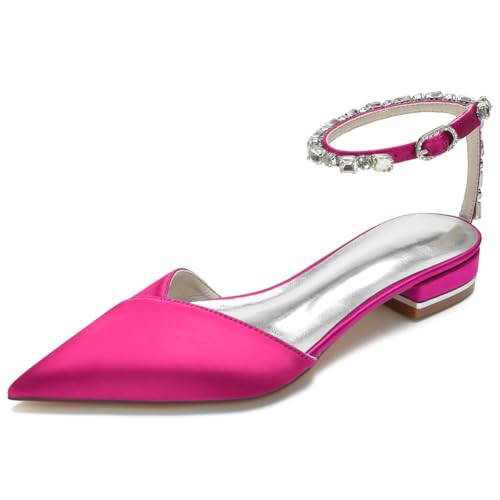 KUHAOFEU Damen Slingback Braut Sandalen Spitze Zehen Niedrige Absatz Pumps Diamant Knöchelriemen Hochzeit Flache Schuhe,Fuchsia,37 EU von KUHAOFEU