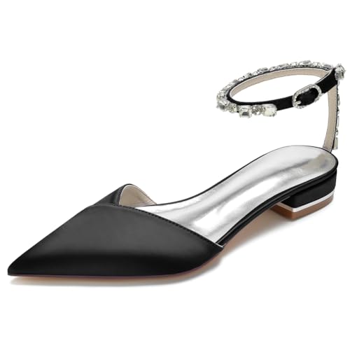 KUHAOFEU Damen Slingback Braut Sandalen Spitze Zehen Niedrige Absatz Pumps Diamant Knöchelriemen Hochzeit Flache Schuhe,Schwarz,39 EU von KUHAOFEU