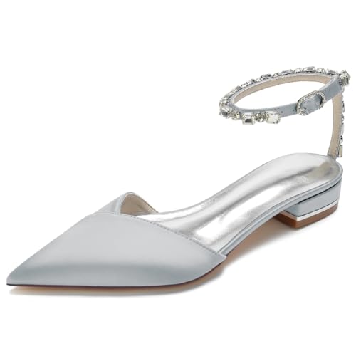 KUHAOFEU Damen Slingback Braut Sandalen Spitze Zehen Niedrige Absatz Pumps Diamant Knöchelriemen Hochzeit Flache Schuhe,Silber,40 EU von KUHAOFEU