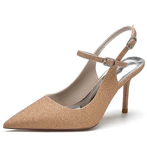 KUHAOFEU Damen Slingback Sandalen Mit Knöchelriemen Spitze Zehen Stöckelabsatz High Heels,Champagne,36 EU von KUHAOFEU