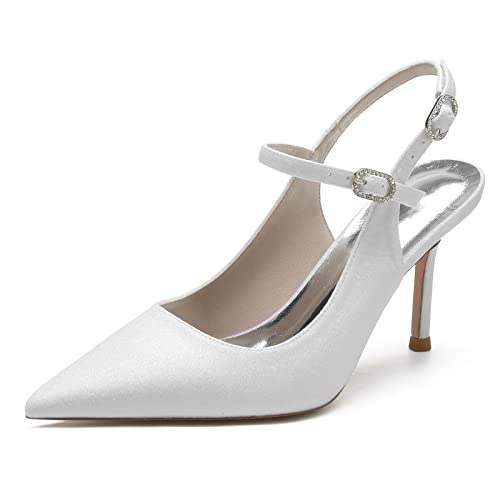 KUHAOFEU Damen Slingback Sandalen Mit Knöchelriemen Spitze Zehen Stöckelabsatz High Heels,Weiß,40 EU von KUHAOFEU