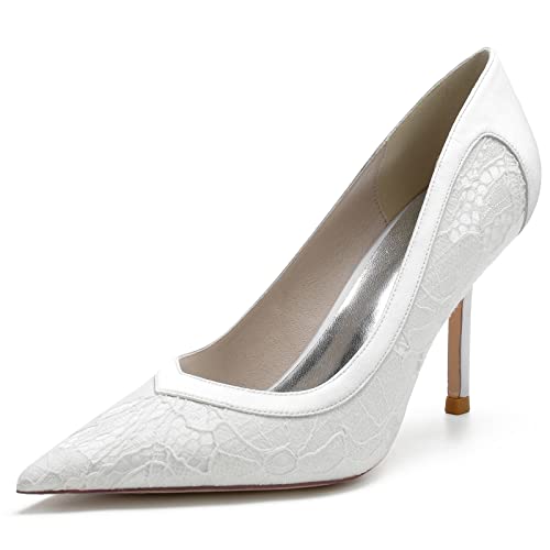 KUHAOFEU Damen Spitz Geschlossene Zehen High Heels Mit Pfennigabsatz Für Hochzeit Party Abschlussball Elegant Slip-On Mit Absatz Brautschuhe,Weiß,38 EU von KUHAOFEU