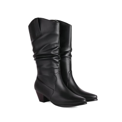 KUHAOFEU Damen Spitz Zehe Winter Western Lange Schaft Stiefel Chunky Heel Reitstiefel Breite Kalb PU Leder Land Stiefel,Schwarz,38 EU von KUHAOFEU