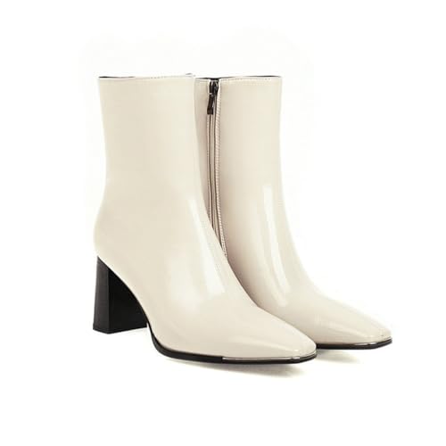 KUHAOFEU Damen Stiefeletten Mit Klobigem Absatz, Lackleder Quadratische Zehenpartie Kurze Stiefel Mit Reißverschluss,Beige Plush,43 EU von KUHAOFEU