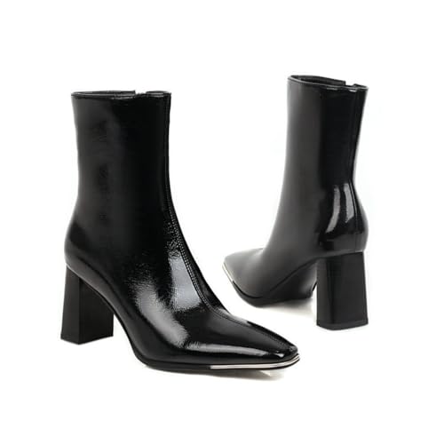 KUHAOFEU Damen Stiefeletten Mit Klobigem Absatz, Lackleder Quadratische Zehenpartie Kurze Stiefel Mit Reißverschluss,Schwarz,35 EU von KUHAOFEU