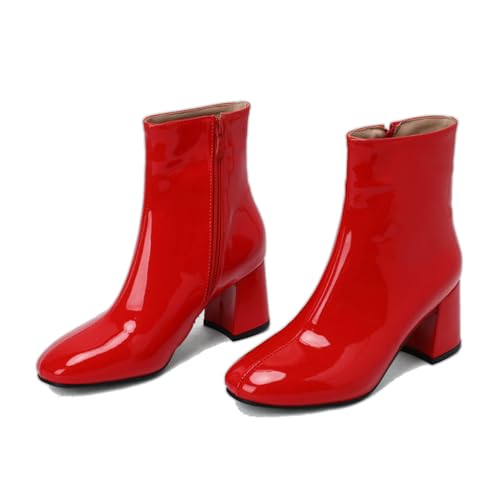 KUHAOFEU Damen Stiefeletten Mit Quadrat Zehen Reißverschluss Klobigem Hohen Absätzen Winter Kurzschaft Stiefel,Rot,39 EU von KUHAOFEU