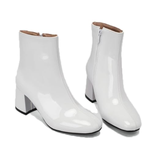 KUHAOFEU Damen Stiefeletten Mit Quadrat Zehen Reißverschluss Klobigem Hohen Absätzen Winter Kurzschaft Stiefel,Weiß,42 EU von KUHAOFEU
