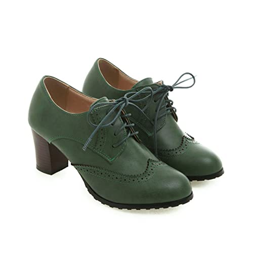 KUHAOFEU Damen Vintage Oxfords Wingtip Schuhe Brogues mit Mittlerem Absatz Schuhe Mädchenschule Schnürschuhe Pumps,Grün,36 EU von KUHAOFEU
