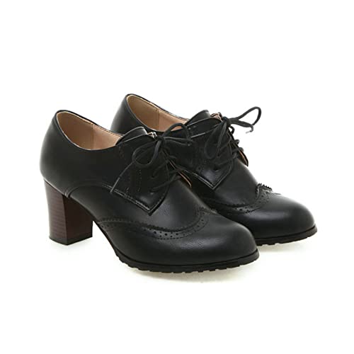 KUHAOFEU Damen Vintage Oxfords Wingtip Schuhe Brogues mit Mittlerem Absatz Schuhe Mädchenschule Schnürschuhe Pumps,Schwarz,40 EU von KUHAOFEU