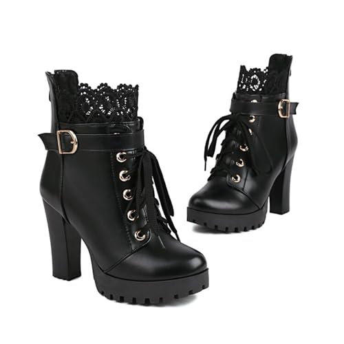 KUHAOFEU Damen Worker Boots Schnürsenkel Hohe Absätzen Stiefeletten Mit Schnalle Blockabsatz Outdoor Stiefel,Schwarz,35 EU von KUHAOFEU