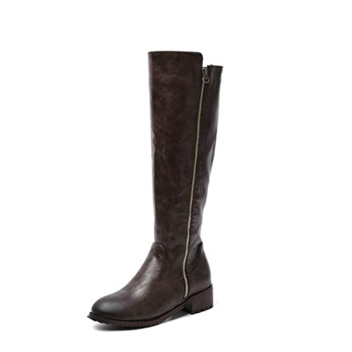 KUHAOFEU Flache Stiefel Mit Seitlichem Reißverschluss Für Frauen Hohe Biker Stiefel Lange Hohe Heels Reiten Stiefel Mit Niedrigen Absätzen,Braun,35 EU von KUHAOFEU