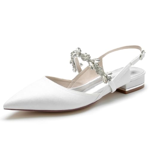 KUHAOFEU Frauen Ballerinas Mit Streifen Glitter Hochzeitsschuhe Flache Spitze Zehen Strass Brautschuhe,Weiß,43 EU von KUHAOFEU