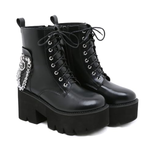 KUHAOFEU Frauen Biker Boots Round Zehen Schnüre-up Schwarze Plattformstiefel klobige High Heels Kette besorgt Goth Punk-Knöchelstiefel,Schwarz,40 EU von KUHAOFEU