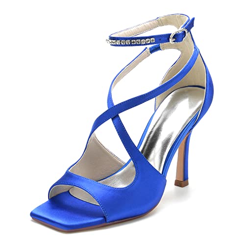 KUHAOFEU Frauen High Heel Offene Zehen Sandalen Kreuzriemchen Slingback Hochzeits Braut Kleid Schuhe,Blau,40 EU von KUHAOFEU