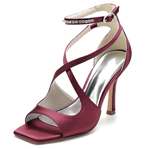 KUHAOFEU Frauen High Heel Offene Zehen Sandalen Kreuzriemchen Slingback Hochzeits Braut Kleid Schuhe,Burgundy,36 EU von KUHAOFEU