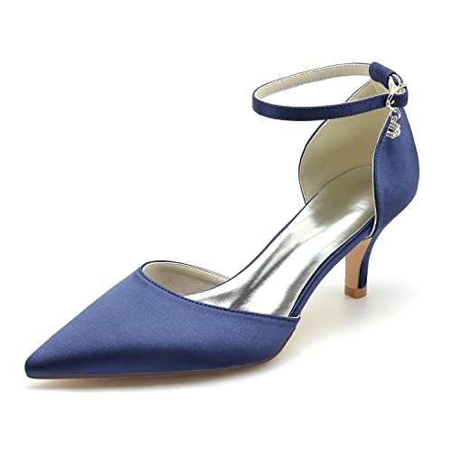 KUHAOFEU Frauen High Heel Pumps Satin Riemchen Brautschuhe Spitze Zehen Hochzeits Abend Parteischuhe,Marine,38 EU von KUHAOFEU