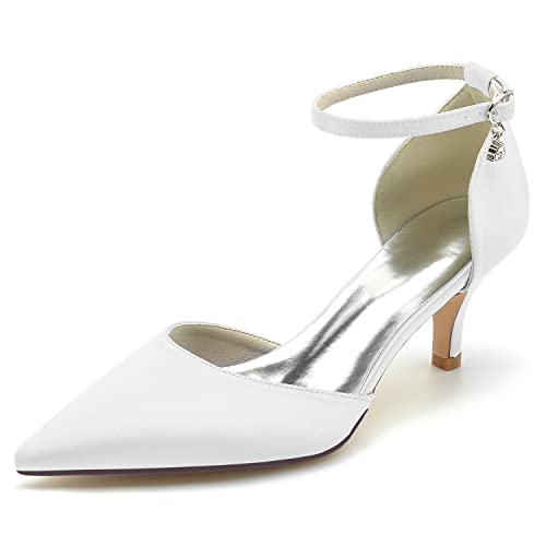 KUHAOFEU Frauen High Heel Pumps Satin Riemchen Brautschuhe Spitze Zehen Hochzeits Abend Parteischuhe,Weiß,37 EU von KUHAOFEU