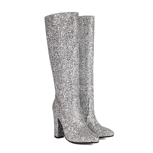 KUHAOFEU Frauen High Knie Stiefel Mittlere Absatz Block Schuhe Mit Reißverschluss,Silber,42 EU von KUHAOFEU