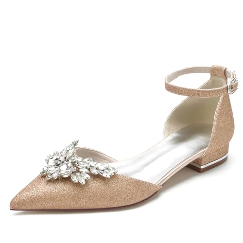 KUHAOFEU Frauen Knöchelriemen Ballerinas Hochzeitsschuhe Flache Absatz Glitzer Geschlossene Zehen Brautjungfer Brautschuhe,Champagne,37 EU von KUHAOFEU