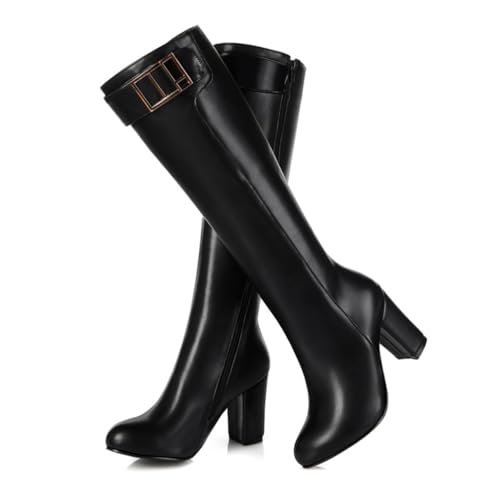 KUHAOFEU Frauen Lange Stiefel Winter der Mitte der Wade Stiefel aus Leder mit Blockabsatz Warmer Reißverschluss Kniehohe Stiefel,Schwarz,39 EU von KUHAOFEU