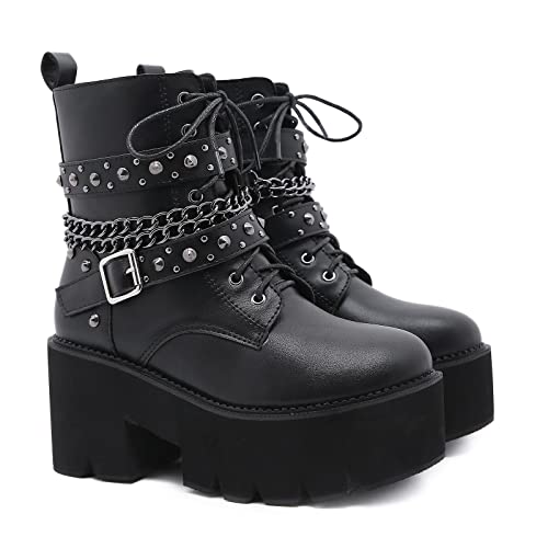 KUHAOFEU Frauen Plattform Stiefel Goth Combat Stiefel Schwarz Schnür Runde Zehen Reißverschluss Army Militär Stiefeletten,Schwarz,38 EU von KUHAOFEU