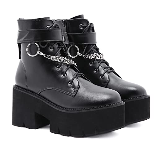 KUHAOFEU Frauen Punk -Plattform Boots Modeketten Biker Stiefel Schnüren Klobige Absatz Goth Motorrad Motorrad -Knöchelstiefel,Schwarz,42 EU von KUHAOFEU