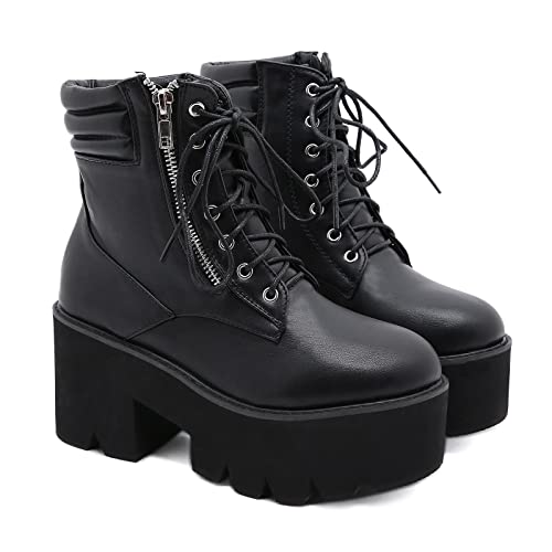 KUHAOFEU Frauen Reißverschlüsse Block Herel -Knöchelstiefel Runde Zehen Schnürung Plattform Stiefel,Schwarz,38 EU von KUHAOFEU