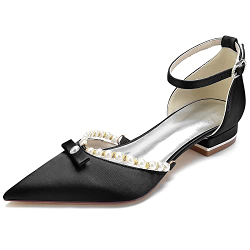 KUHAOFEU Frauen Spitze Zehen Braut Hochzeitsschuhe mit Knöchelriemen Satin Perle Ballerinas für Abend Party,Schwarz,40 EU KUHAOFEU Frauen Spitze Zehen Braut Hochzeitsschuhe mit Knöchelriemen Satin Perle Ballerinas für Abend Party,Schwarz,40 EU von KUHAOFEU