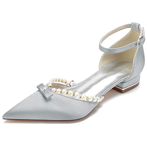 KUHAOFEU Frauen Spitze Zehen Braut Hochzeitsschuhe mit Knöchelriemen Satin Perle Ballerinas für Abend Party,Silber,36 EU KUHAOFEU Frauen Spitze Zehen Braut Hochzeitsschuhe mit Knöchelriemen Satin Perle Ballerinas für Abend Party,Silber,36 EU von KUHAOFEU