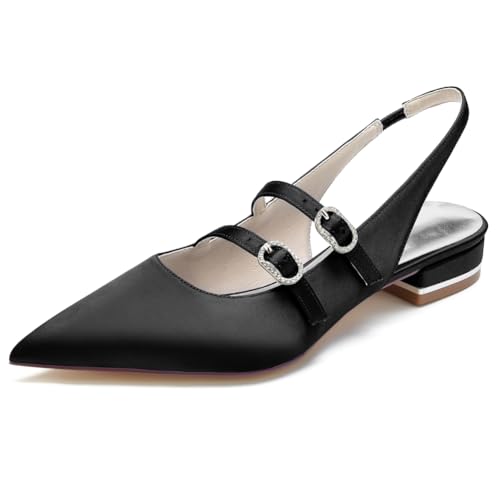 KUHAOFEU Frauen Spitze Zehen Slingback Braut Sandalen Casual Schlüpfen Auf Niedrige Ferse Pumps Hochzeit Büro Kleid Schuhe,Schwarz,38 EU von KUHAOFEU