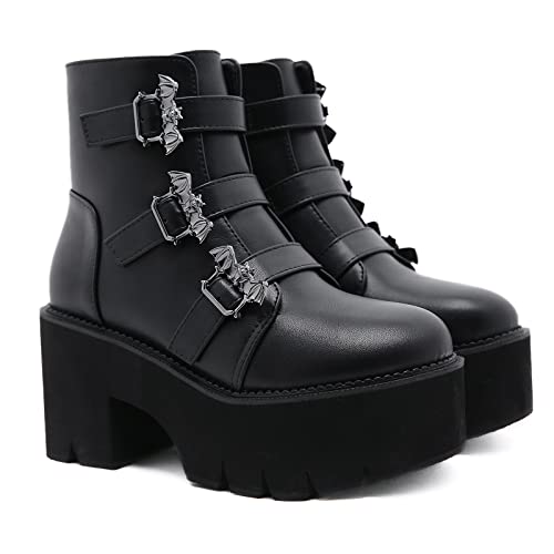 KUHAOFEU Frauen Stiefeletten Kunstleder Keilabsatz Kurze Stiefel Motorrad Kampf Schnalle Stiefel,Schwarz,37 EU von KUHAOFEU