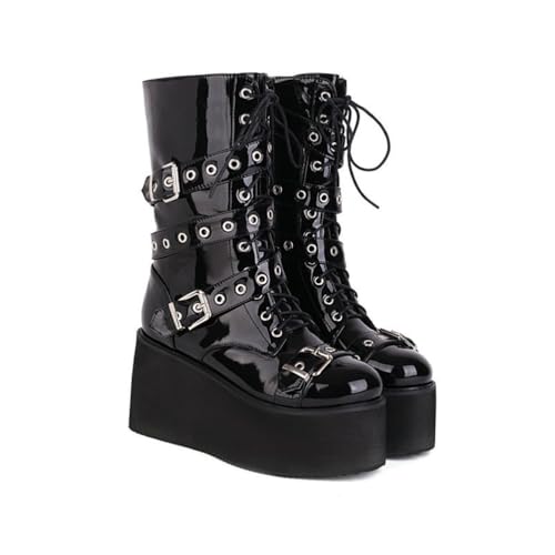 KUHAOFEU Gothic-Stiefel mit klobigem Absatz für Damen, knöchelhoch Plateau-Stiefel mit Reißverschluss,Black patent Leather,41 EU von KUHAOFEU