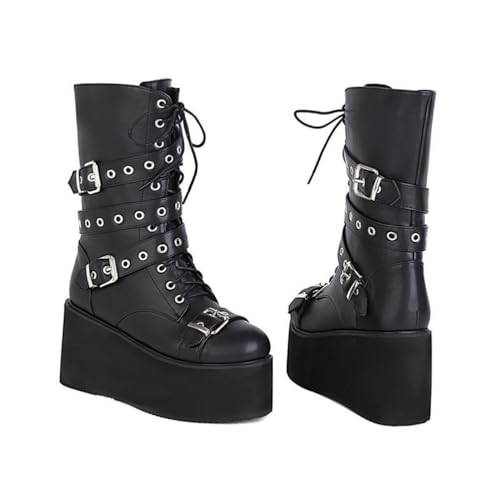 KUHAOFEU Gothic-Stiefel mit klobigem Absatz für Damen, knöchelhoch Plateau-Stiefel mit Reißverschluss,Black pu,43 EU von KUHAOFEU