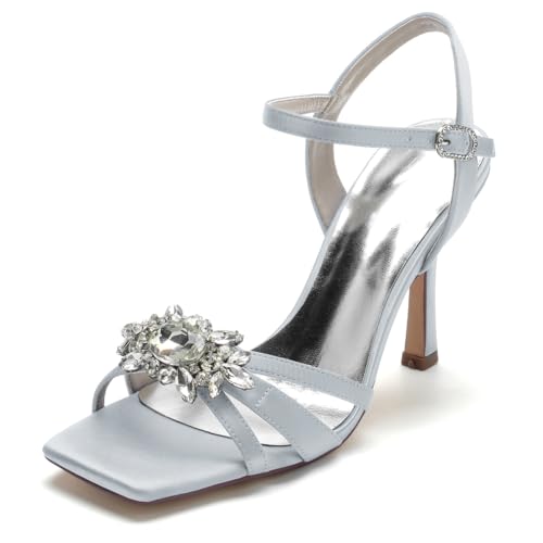 KUHAOFEU High Heels Damen Offener Zeh Strass Brautschuhe Stöckel Absatz Abend Partei Hochzeitsschuhe Mit Knöchelriemen,Silber,38 EU von KUHAOFEU