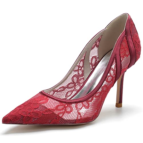 KUHAOFEU High Heels für Damen, Spitze Mesh Brautschuhe Sexy Spitze Zehen Pfennigabsatz Pumps Hochzeit Party Schuhe,Burgundy,38 EU von KUHAOFEU