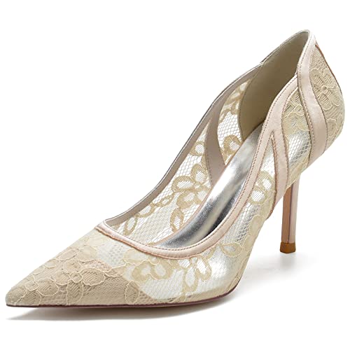 KUHAOFEU High Heels für Damen, Spitze Mesh Brautschuhe Sexy Spitze Zehen Pfennigabsatz Pumps Hochzeit Party Schuhe,Champagne,40 EU von KUHAOFEU