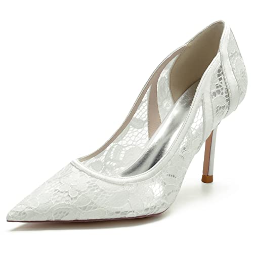 KUHAOFEU High Heels für Damen, Spitze Mesh Brautschuhe Sexy Spitze Zehen Pfennigabsatz Pumps Hochzeit Party Schuhe,Elfenbein,41 EU von KUHAOFEU
