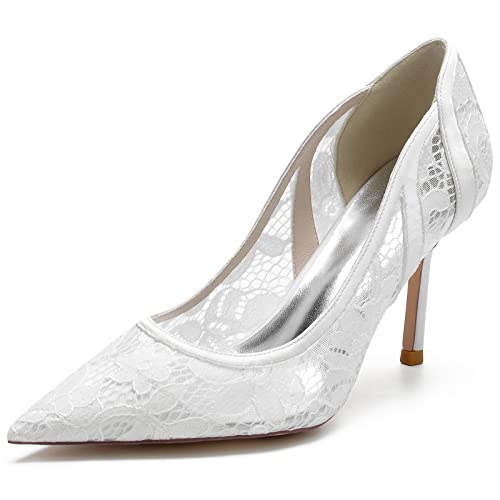 KUHAOFEU High Heels für Damen, Spitze Mesh Brautschuhe Sexy Spitze Zehen Pfennigabsatz Pumps Hochzeit Party Schuhe,Weiß,41 EU von KUHAOFEU
