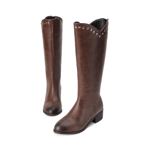 KUHAOFEU Hohe Kniehohe Reitstiefel Damen Winter Motorradstiefel mit Reißverschluss und flachem Absatz,Braun,47 EU von KUHAOFEU
