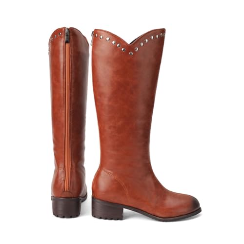 KUHAOFEU Hohe Kniehohe Reitstiefel Damen Winter Motorradstiefel mit Reißverschluss und flachem Absatz,Gelb,41 EU von KUHAOFEU